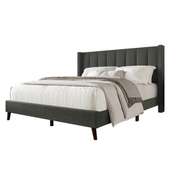 Queen Size Upholstered Wingback Bed with Soft Polyester Fabric – Elegant and Modern Design