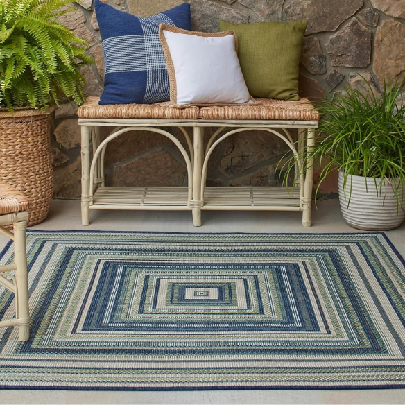 Coastal-Inspired Geometric Rug – Fade & Stain-Resistant,Ivory,Green,Blue Pattern, Ideal for Indoor/Outdoor Use