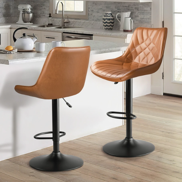 Set of 2 Adjustable Height Swivel Bar Stools with Back – Mid-Century Modern Design, Polished Chrome Base, Ergonomic Imitation Leather Seat, 360° Rotation for Kitchen Island or Bar