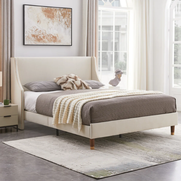 Elegant Linen Wingback Upholstered Platform Bed Frame – Luxurious Full Double Size Design with Gold Piping, Sturdy Support, and Effortless Assembly