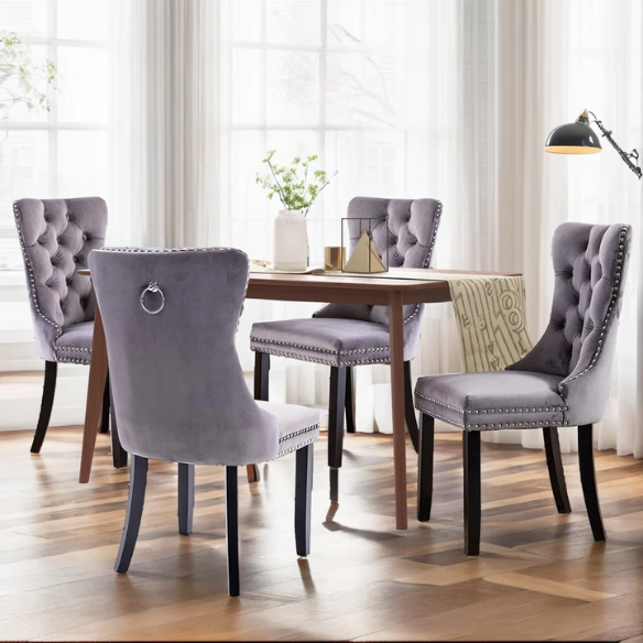 Upholstered Tufted Dining Chairs with Curved Back & Nailhead Detail – Set of 2