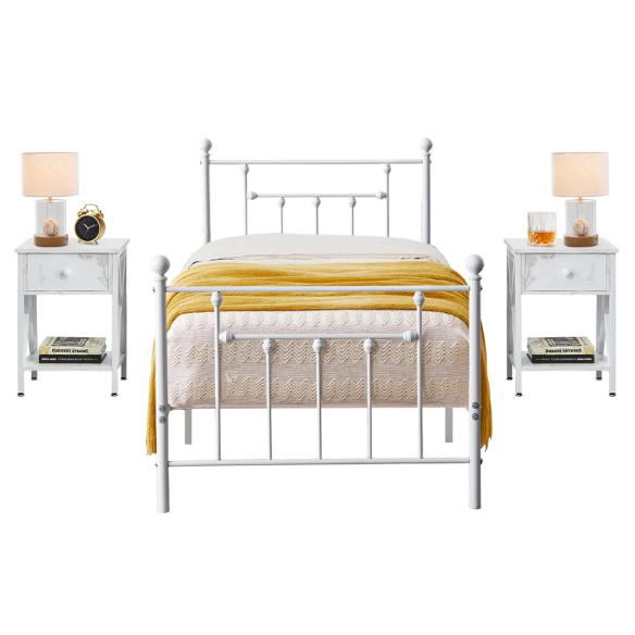 Charming White Metal Platform Victorian Twin Bedroom Set: 3-Piece Collection for Timeless Elegance