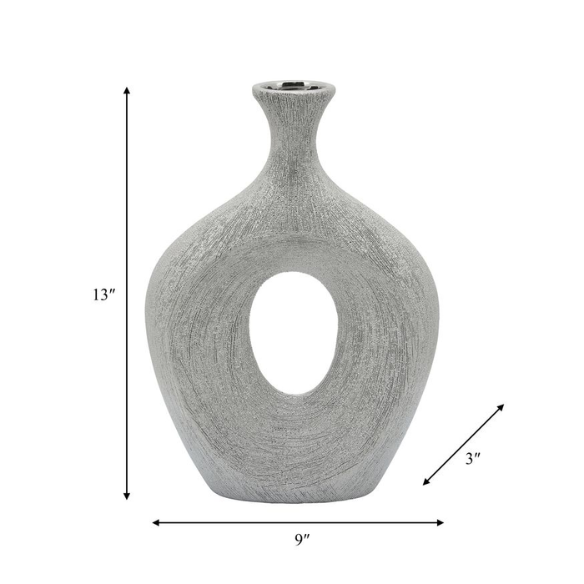 Abstract Sculptural Ceramic Vase with Unique Oval Cut-Out Design – 13" Modern Beaded Accent Vase for Tabletop or Shelf Décor, Ideal for Faux Florals and Statement Styling