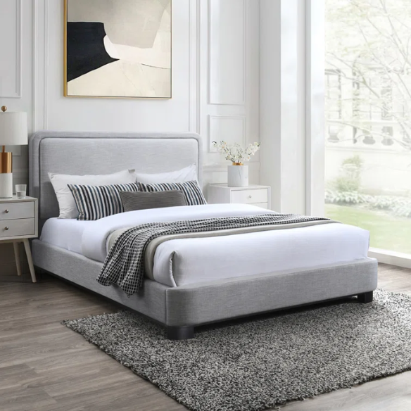 Luxurious Linen Textured Fabric King Size Upholstered Panel Bed with Solid Wood Base