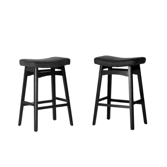 24-Inch Solid Wood Barstools with Linen/PU Leather Fabric Cushion – Set of 2 Backless Saddle Seat Counter Stools for Modern Living