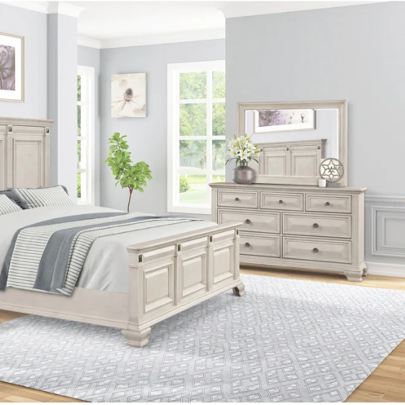 Distressed Parchment Wood Bedroom Set with Panel Bed, Dresser, Mirror, and Nightstand, Featuring Silver Accents and Fluted Pilasters