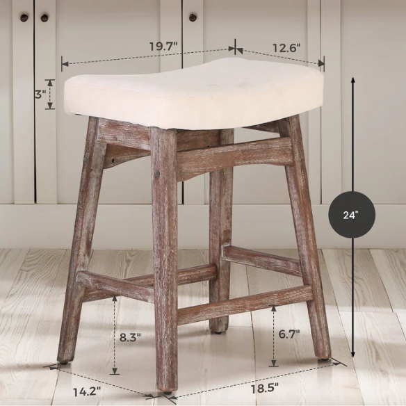 24-Inch Solid Wood Barstools with Linen/PU Leather Fabric Cushion – Set of 2 Backless Saddle Seat Counter Stools for Modern Living