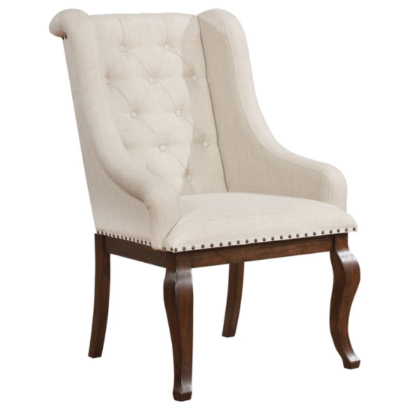 Beige Button Tufted Upholstered Arm Chairs with Dark Brown Wooden Legs (Set of 2) – Elegant Accent Dining or Lounge Seating