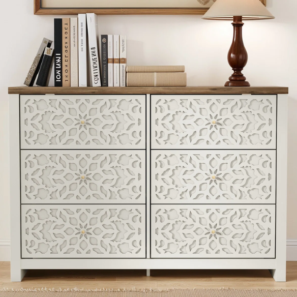 Boho-Inspired 45.4" 6-Drawer Dresser with Distressed Finish and Openwork Floral Details
