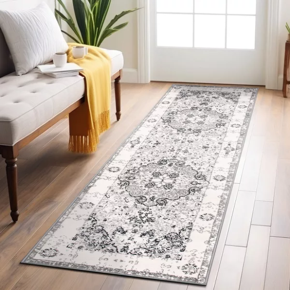 Distressed Oriental-Inspired Indoor Rug – Gray, Silver & Ivory Medallion Pattern, Stain-Resistant, Fade-Resistant, Perfect for Traditional & French Country Décor