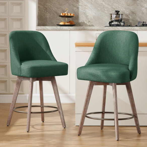 Modern Counter Height Swivel Bar Stool – Upholstered Faux Leather/Polyester Blend Seat, Solid Beech Wood Frame, Ergonomic High Back, Bronze Metal Footrest, 300lb Capacity for Kitchen, Bar, or Pub