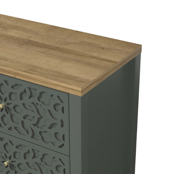 Boho-Inspired 45.4" 6-Drawer Dresser with Distressed Finish and Openwork Floral Details
