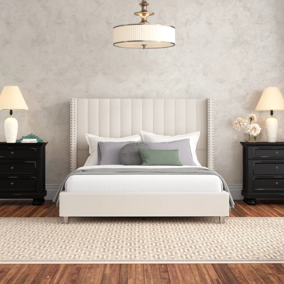 Velvet Upholstered Queen Size Platform Bed with Tufted Button Detail on Headboard