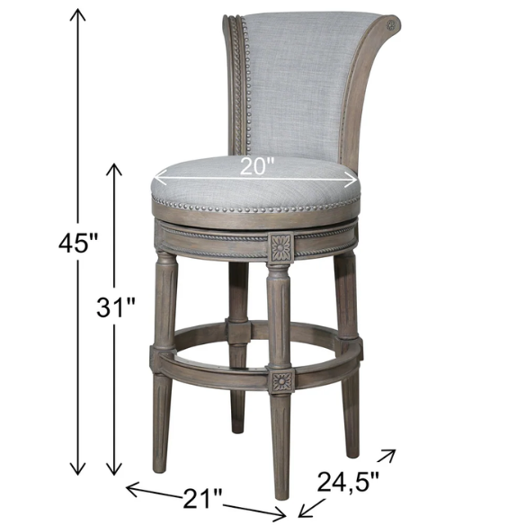 Swivel Bar-Height Stool with High Seat Back – Elegant Curved Back, 180° Automatic Return Swivel, Nail Head Trim, Metal Footrests, and Cushioned Foam Seat for Ultimate Comfort