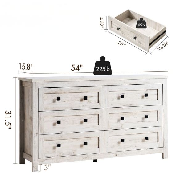 6-Drawer Dresser – A Perfect Blend of Rustic Charm and Industrial Elegance, Featuring a Clean-Lined Silhouette and Weathered Finish. Crafted from Solid and Engineered Wood