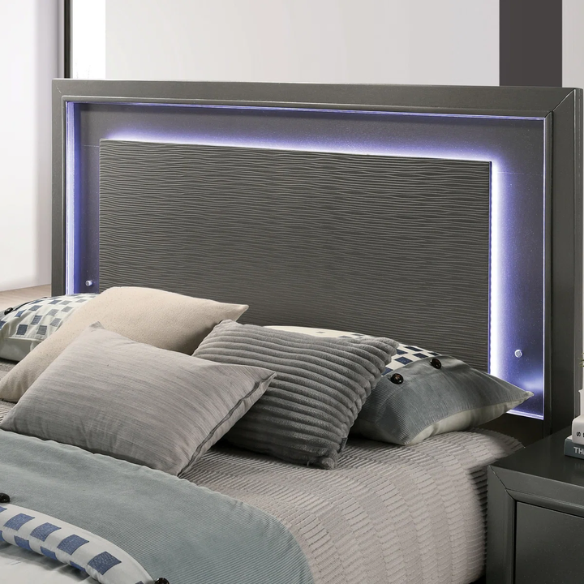 Contemporary 6-Piece Queen Bedroom Set in Solid Grey with LED-Illuminated Headboard, Textured Panels, and Eco-Friendly Rubberwood Construction