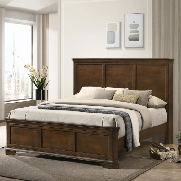 Classic Traditional Wood Queen Panel Bed with Dresser, Mirror, and Two Nightstands in Antique Walnut Finish