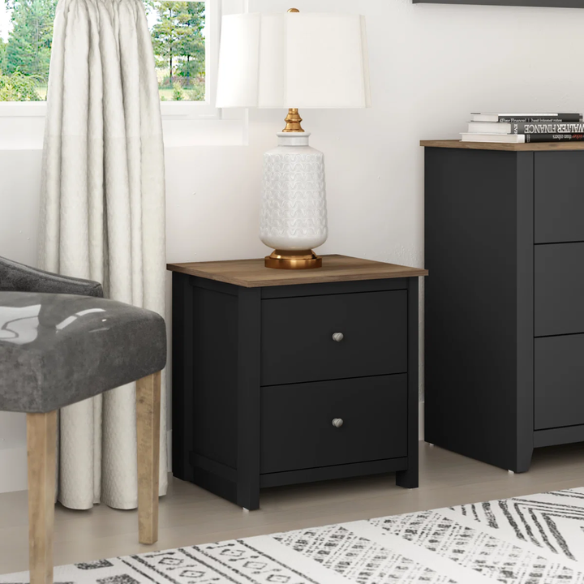2-Drawer Nightstand – Neutral Engineered Wood, Streamlined Rectangular Design, Four Block Legs, Convenient Storage with Roller-Glide Drawers & Metal Knobs, Perfect for Traditional & Contemporary Bedroom