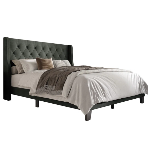 Elegant King Size Upholstered Wingback Bed with Button-Tufted Headboard – Foam-Padded for Ultimate Comfort and Support