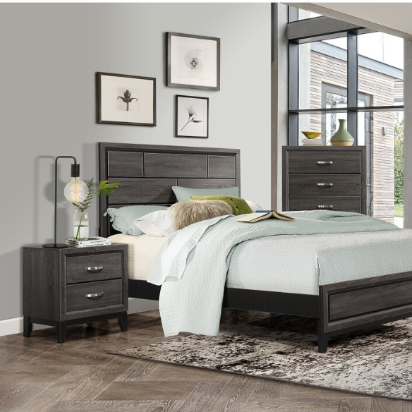 5-Piece Gray Modern Panel Bedroom Set with Wood Grain Accents & Nickel Metal Hardware
