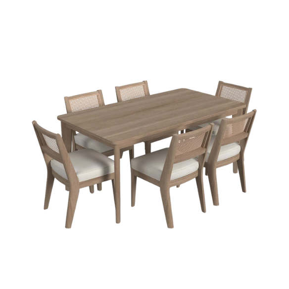 7-Piece Brown Wood Rectangle Dining Set – Mid-Century Boho Style with Sustainable Oak & Cane Details
