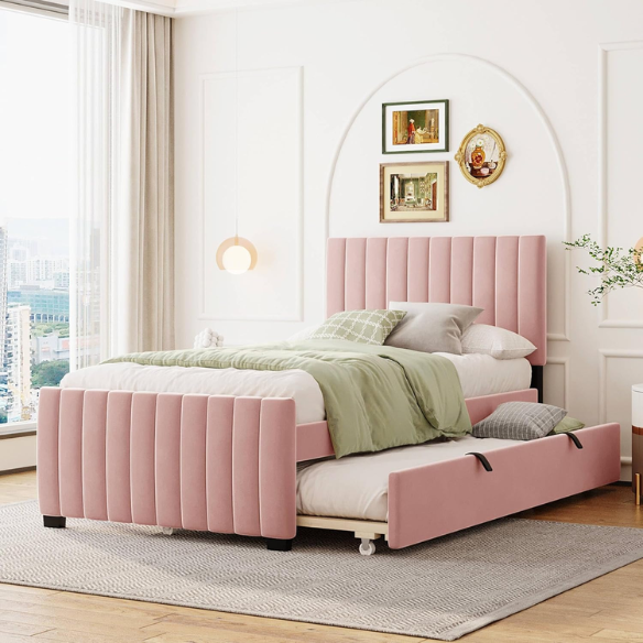 Velvet Upholstered Twin Size Platform Bed with Wood Frame and Trundle – Stylish and Functional Sleep Solution