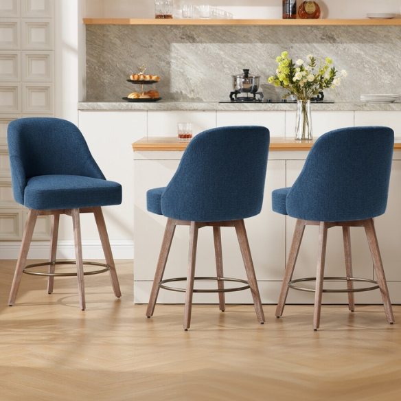 Modern Counter Height Swivel Bar Stool – Upholstered Faux Leather/Polyester Blend Seat, Solid Beech Wood Frame, Ergonomic High Back, Bronze Metal Footrest, 300lb Capacity for Kitchen, Bar, or Pub