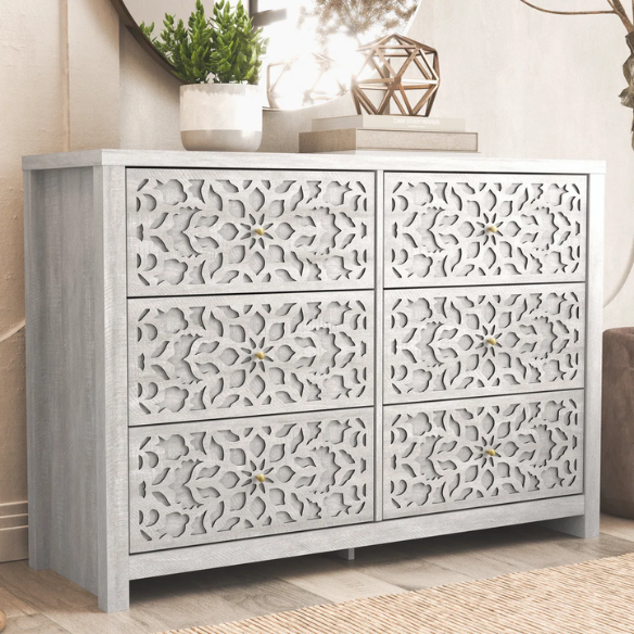Boho-Inspired 45.4" 6-Drawer Dresser with Distressed Finish and Openwork Floral Details