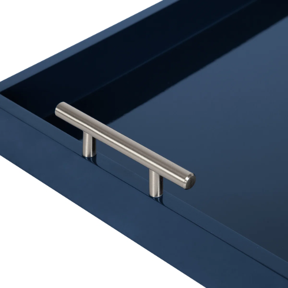 Sleek and Sophisticated Long Rectangular Serving Tray – High Gloss Wood with Polished Metal Handles, Perfect for Entryway, Vanity, or Coffee Table