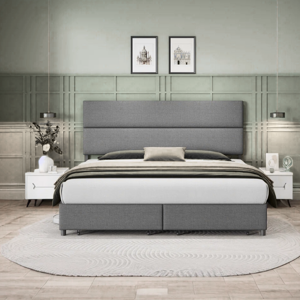 Linen Upholstered Bed Frame – Full/Double Size with Height Adjustable Headboard & 2 Built-In Storage Drawers