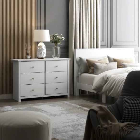 Modern 6-Drawer Double Dresser with Angled Sled Legs and Round Metal Hardware