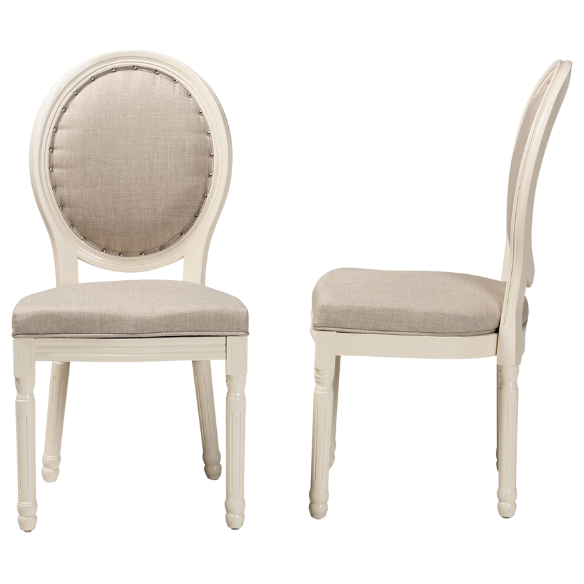 Upholstered Faux Leather Nailhead Dining Chair with Carved Wood Legs – Gray and White