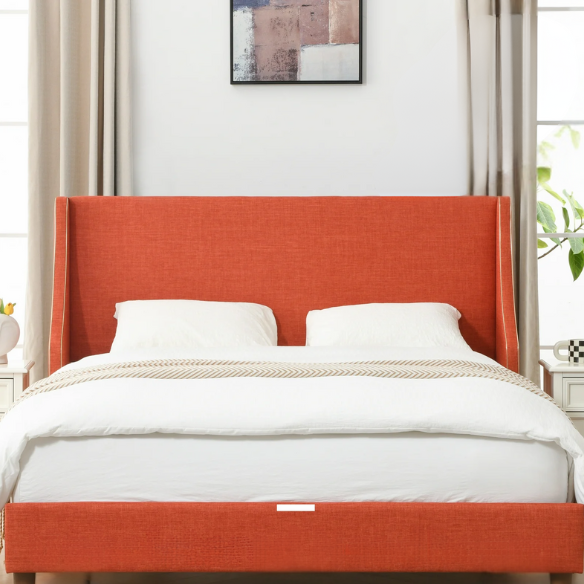 Elegant Linen Wingback Upholstered Platform Bed Frame – Luxurious Full Double Size Design with Gold Piping, Sturdy Support, and Effortless Assembly