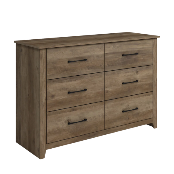 Modern 6-Drawer Double Dresser with Flared Feet and Sleek Black Metal Handles