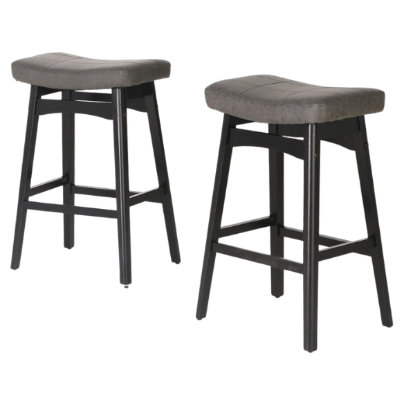 24-Inch Solid Wood Barstools with Linen/PU Leather Fabric Cushion – Set of 2 Backless Saddle Seat Counter Stools for Modern Living