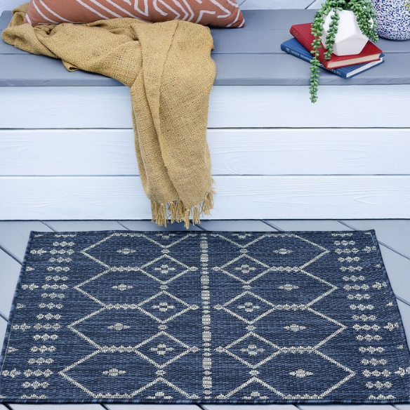 Boho-Inspired Navy & Grey Geometric Rug – Fade & Stain-Resistant, Low-Pile, Perfect for High-Traffic Indoor/Outdoor Spaces