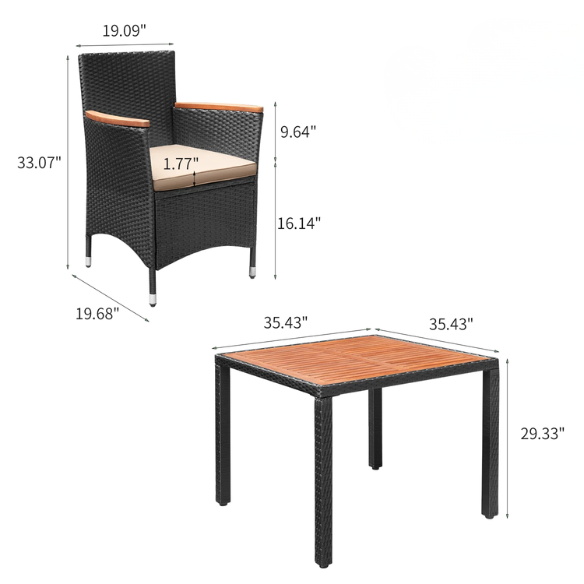 Outdoor Patio Dining Set | Acacia Wood Table and Chairs with Plush Cushions | Stylish Wicker Patio Furniture for Comfort and Elegance