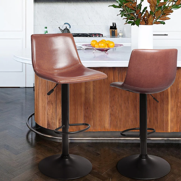 Set of 2 Adjustable Height Swivel Bar Stools with Back – Mid-Century Modern Design, Polished Chrome Base, Ergonomic Imitation Leather Seat, 360° Rotation for Kitchen Island or Bar