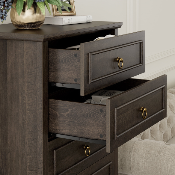 French Country-Inspired 5-Drawer Chest with Metal Ring Handles, Paneled Detailing, and Classic Crown Molding