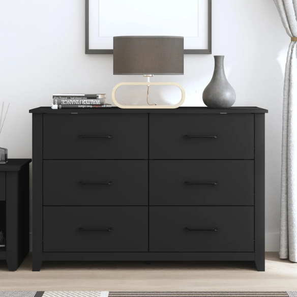 Modern 6-Drawer Double Dresser with Flared Feet and Sleek Black Metal Handles