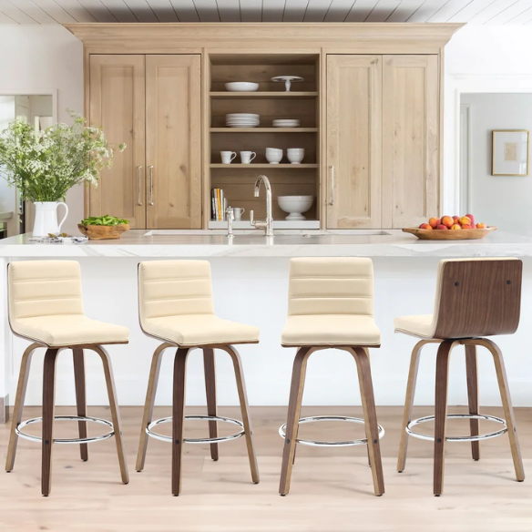 Mid-Century Modern Faux Leather Swivel Counter/Bar Stools – 360° Swivel, Padded PU Leather Seat & Back, Durable Bentwood Legs, Metal Footrest, Supports Up to 440lbs for Home Bar or Kitchen