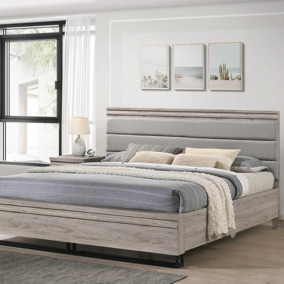 Upholstered Wood Wallbed Set with White LED Lights, Dresser, Mirror, Chest, and 2 Nightstands in Weathered Gray