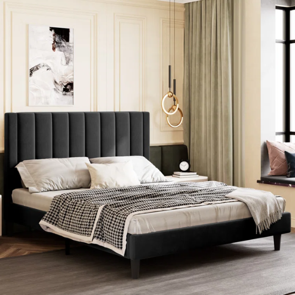 King Size Upholstered Platform Bed with Velvet Headboard, Foam Padding, and Noise-Free Construction for Ultimate Comfort