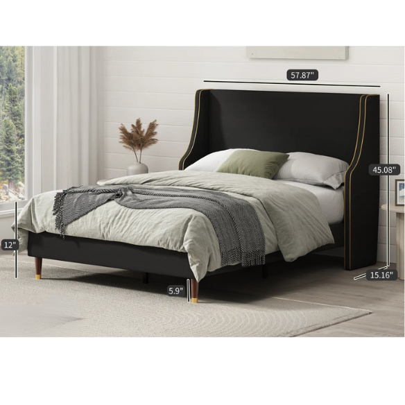Elegant Linen Wingback Upholstered Platform Bed Frame – Luxurious Full Double Size Design with Gold Piping, Sturdy Support, and Effortless Assembly