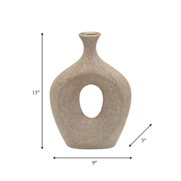 Abstract Sculptural Ceramic Vase with Unique Oval Cut-Out Design – 13" Modern Beaded Accent Vase for Tabletop or Shelf Décor, Ideal for Faux Florals and Statement Styling