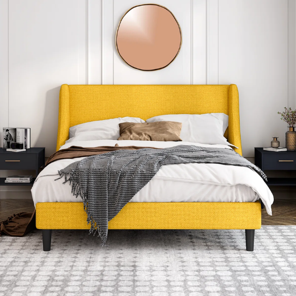 Modern Queen Size Upholstered Platform Bed with Deluxe Wingback and Linen Blend Fabric