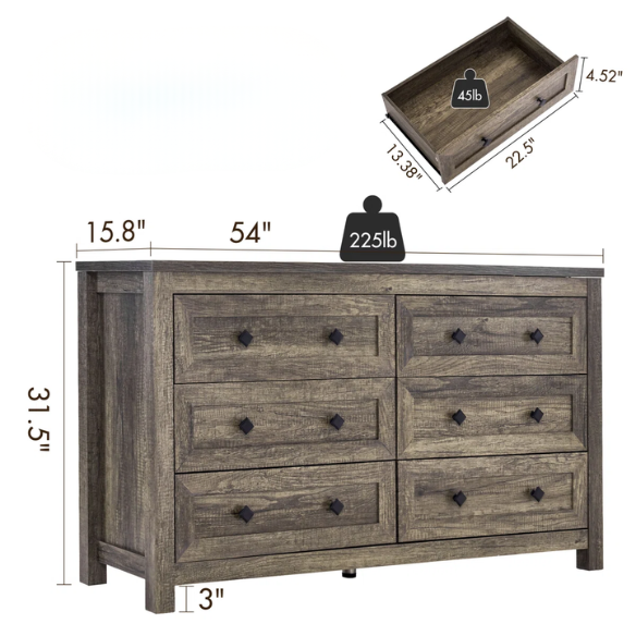 6-Drawer Dresser – A Perfect Blend of Rustic Charm and Industrial Elegance, Featuring a Clean-Lined Silhouette and Weathered Finish. Crafted from Solid and Engineered Wood