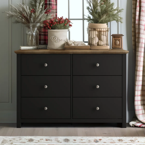 Modern 6-Drawer Double Dresser with Angled Sled Legs and Round Metal Hardware