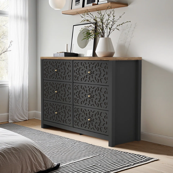 Boho-Inspired 45.4" 6-Drawer Dresser with Distressed Finish and Openwork Floral Details