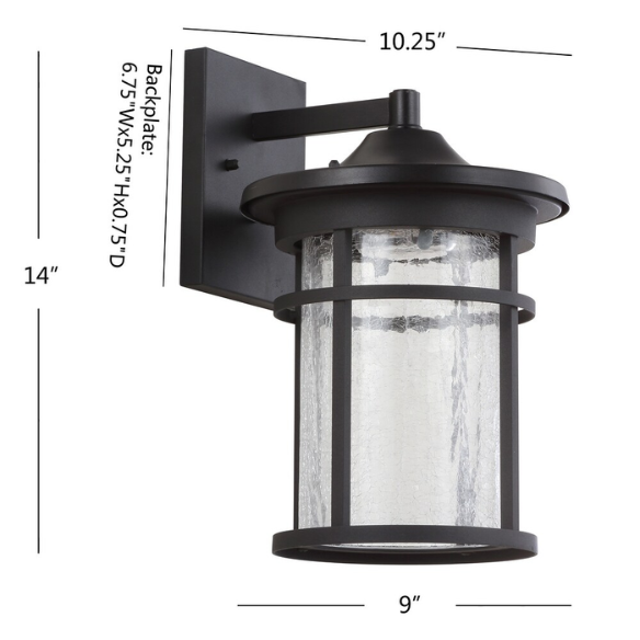 Outdoor Wall Lantern – Crackled Glass and Metal Integrated LED Wall Sconce in Black, Traditional & Rustic Style for Entryways and Courtyards